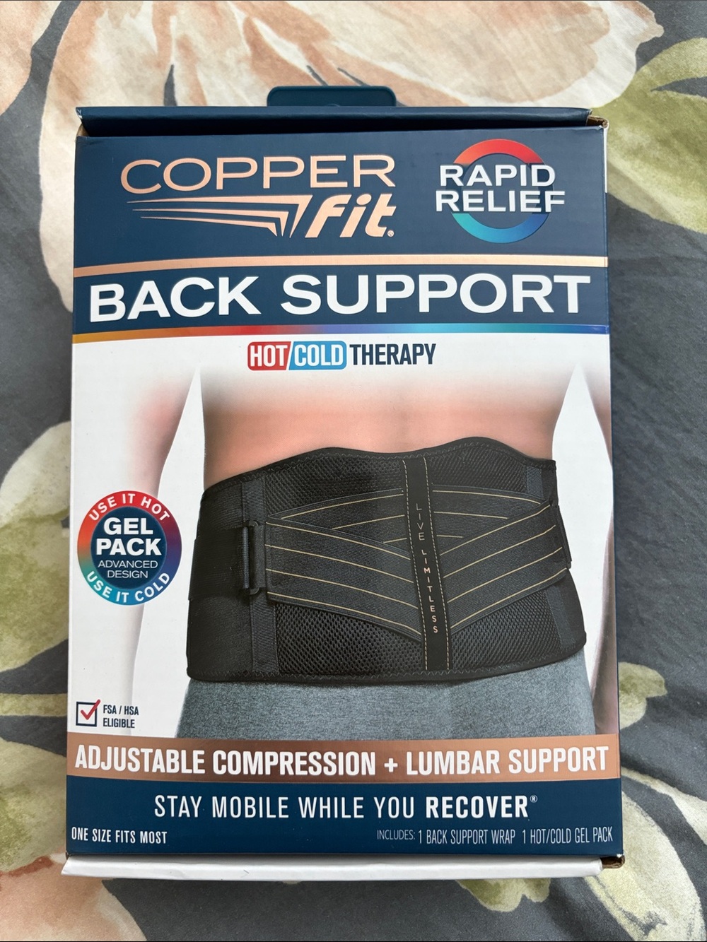 Copper Fit Rapid Relief Back Support - Black OS Fits 30” - 50” Waist